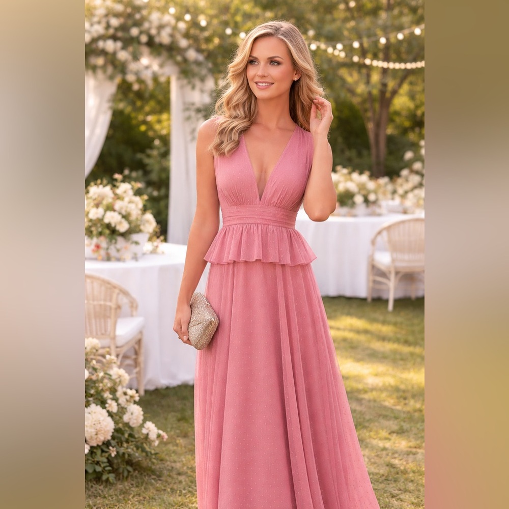 LDT Pink Plunging V Neck Peplum Maxi Gown Wedding Guest Formal Dress $212 Sz 2